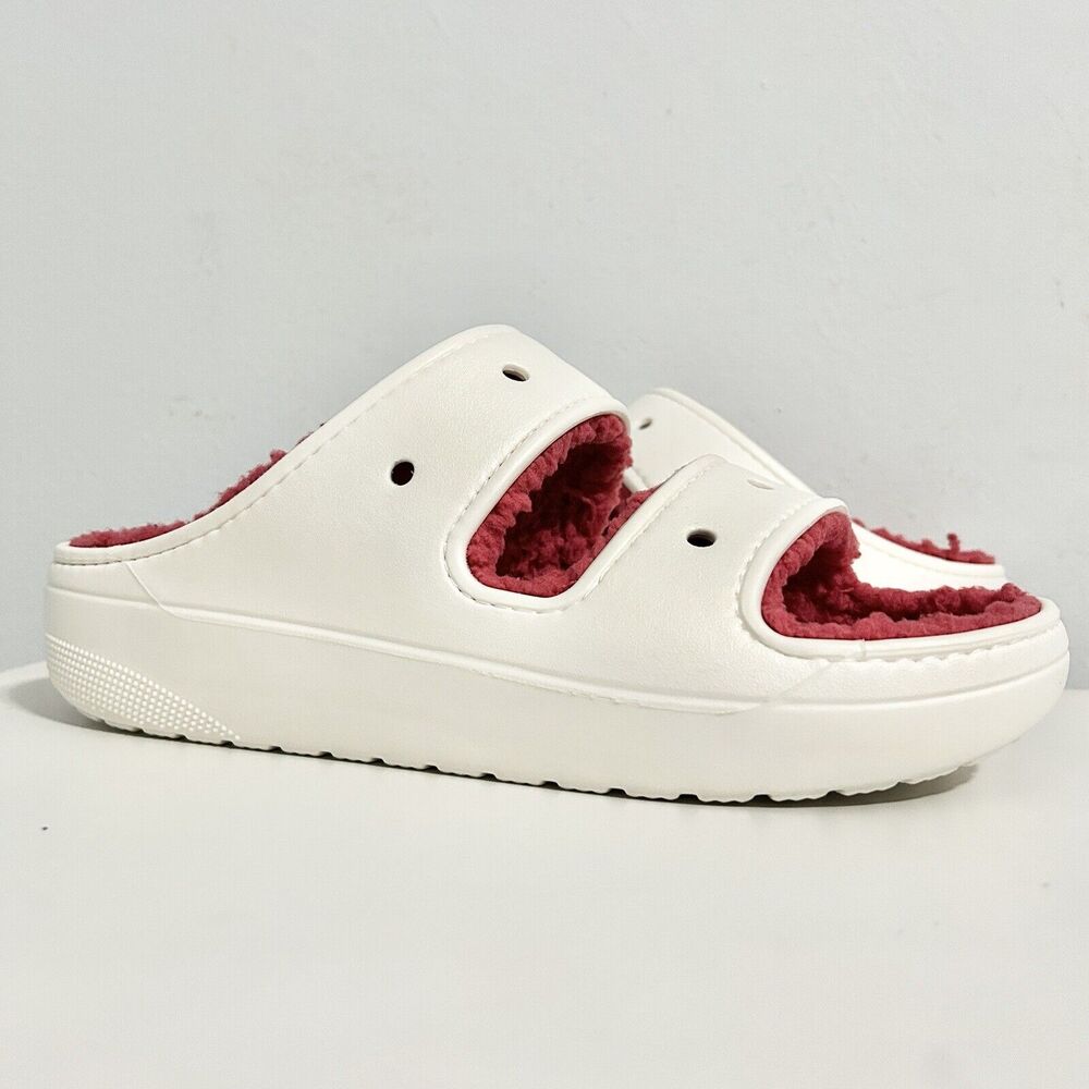 Crocs Classic Cozy Holiday Sweater Men’s Size 11-12 White Red Lined Sandals